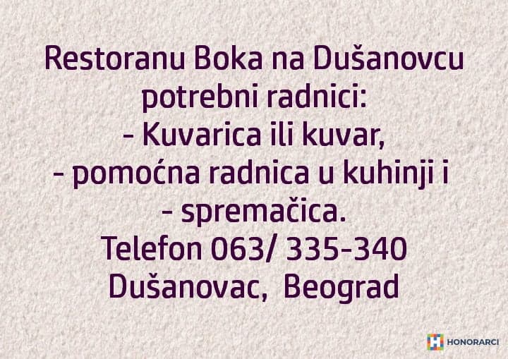 Restoranu Boka na Dušanovcu potrebna Kuvarica ili kuvar, pomoćna radnica u kuhinji i spremacica