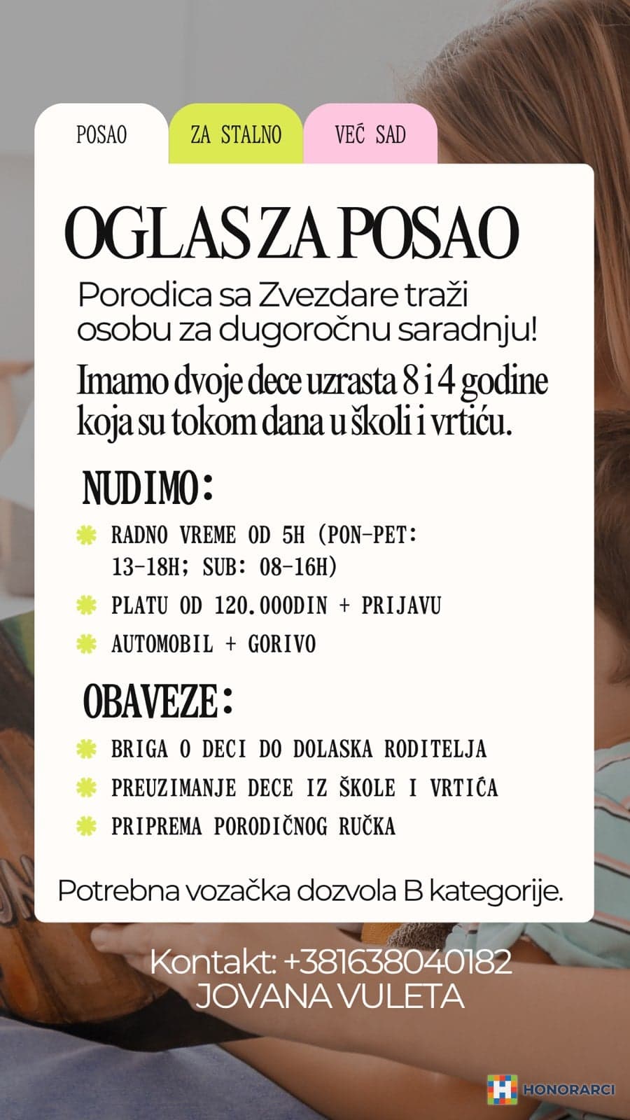Posao za stalno: Briga o deci 4 i 8 godina