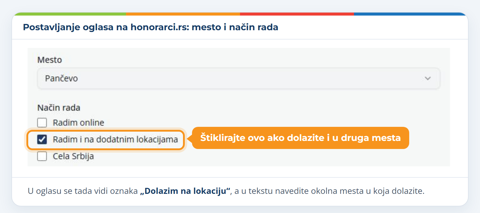 Postavljanje oglasa na Honorarci platformi: izabrano mesto Pančevo i štiklirana opcija „Radim i na dodatnim lokacijama“