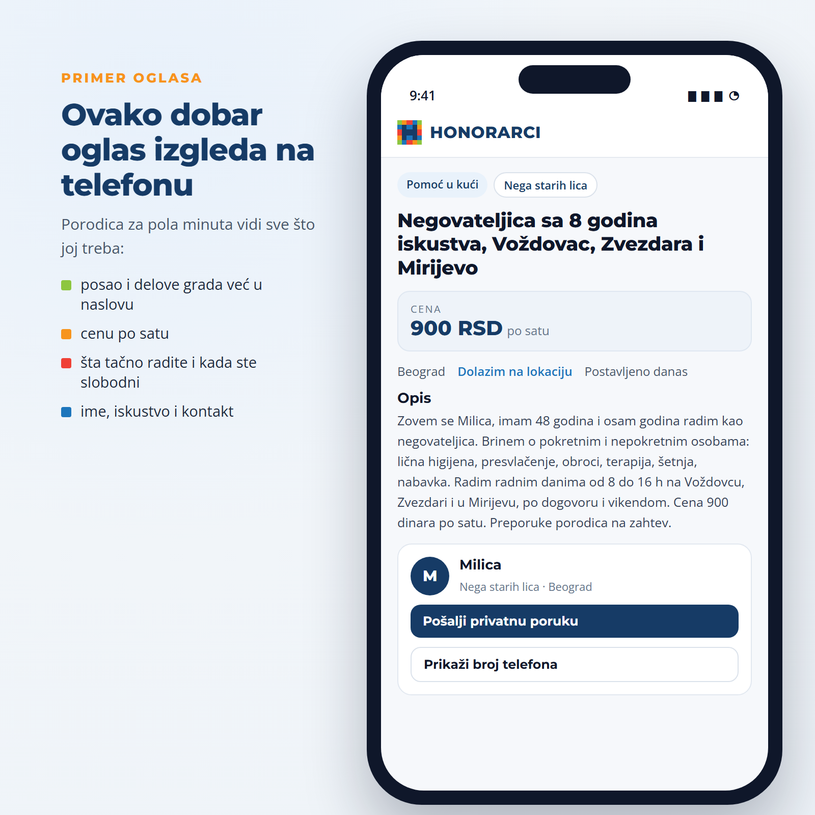 Primer oglasa negovateljice na telefonu: naslov sa delovima grada, cena 900 dinara po satu, opis posla i dugmad za poruku i broj telefona