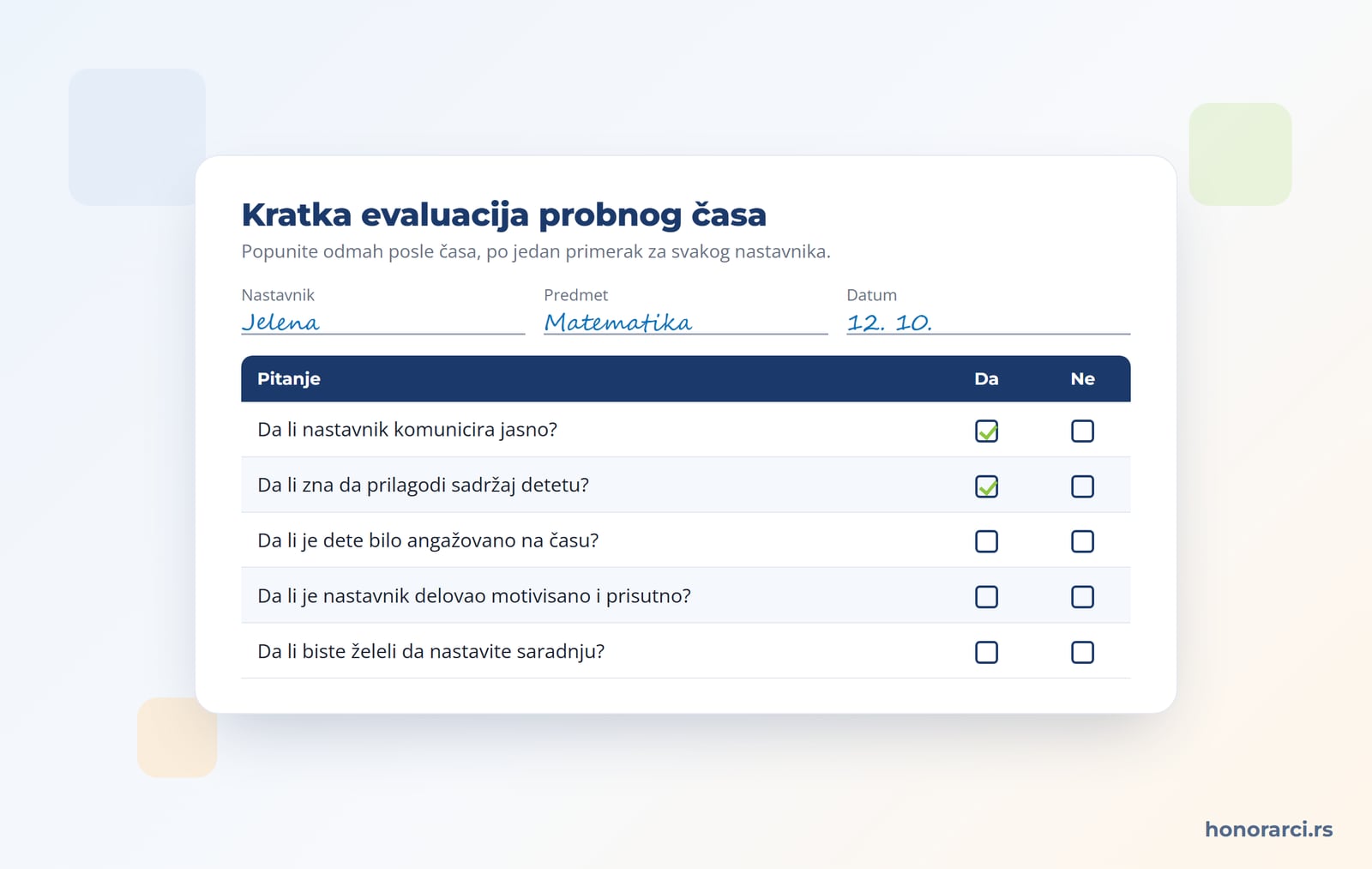 Kratka evaluacija probnog časa: da li nastavnik komunicira jasno, da li zna da prilagodi sadržaj detetu, da li je dete bilo angažovano, da li je nastavnik delovao motivisano i prisutno, da li biste želeli da nastavite saradnju (da / ne)