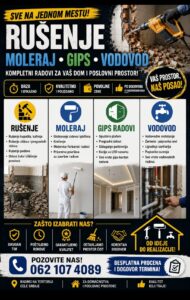 Radimo rusenja moleraj gipsani radovi vodovod iskusan tim korektni u dogovoru i roku , pozovite nas na broj 0621074089 besplatna procena dogovor termina
